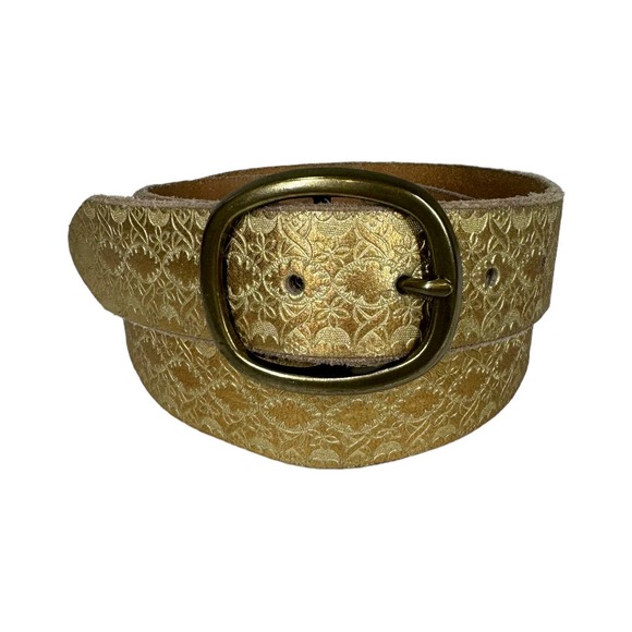Gold Tooled Leather Stamped Belt Medium Metallic Boho Chic Western Casual - Picture 1 of 4